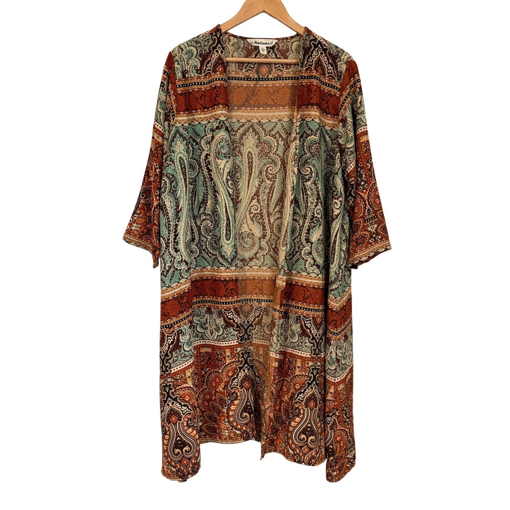 Boho Paisley Kimono Cardigan Coverup Womens XL Brown Earthy Festival Layering - Picture 2 of 10